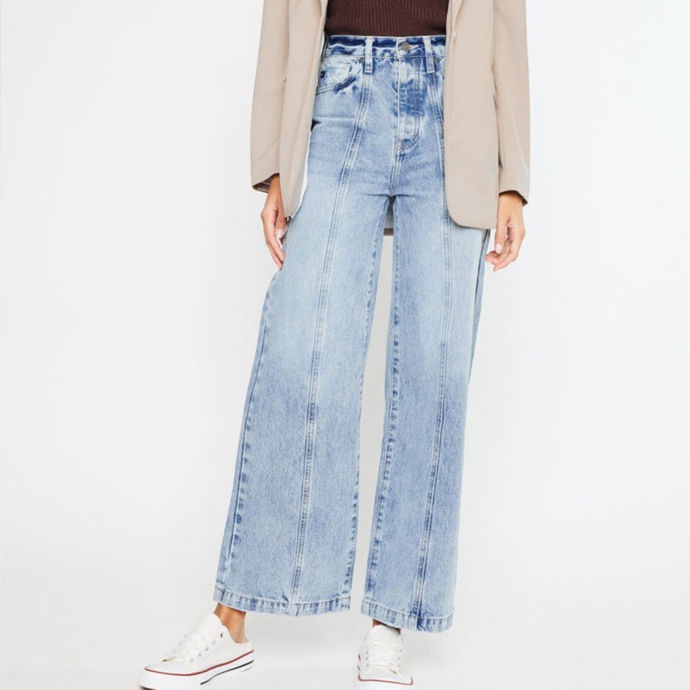 KanCan Light Blue Wide Leg Seam-Panel Jeans